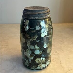 Antique Ball Mason 2  Jar With Zinc Lid filled with vintage button lot